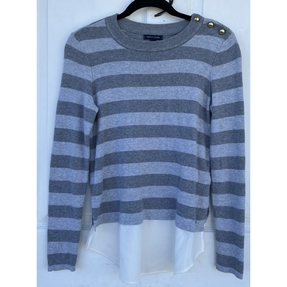 Tommy Hilfiger Gray Striped Knit Sweater Gold Button Shoulder Size S - Picture 7 of 10